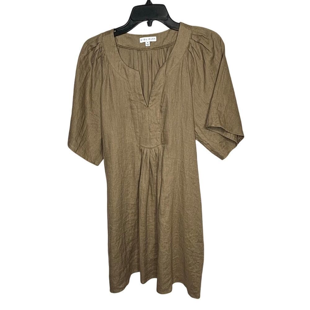Miou Muse 100% Linen Brown Lagenlook Beachy Relaxed Casual Dress Size Medium